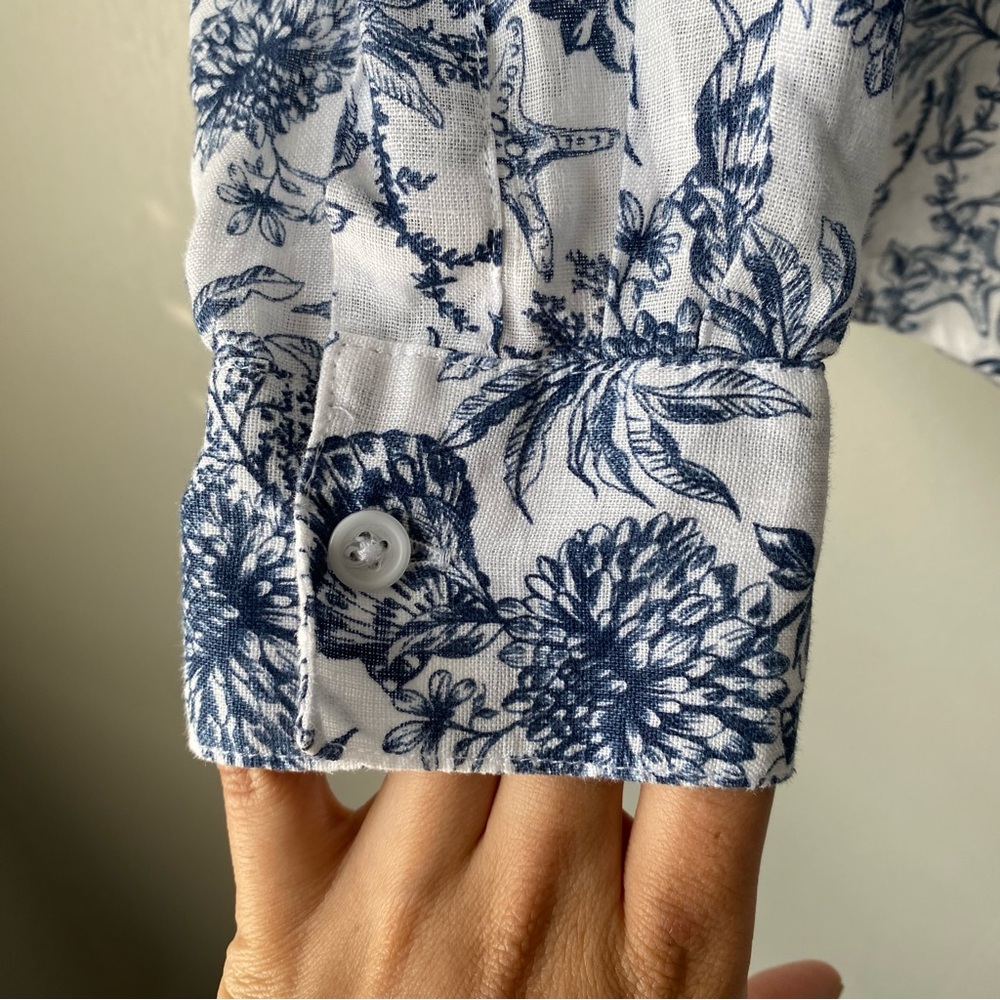 Garnet Hill Nautical Print 100% Linen Long Sleeve Button Shirt 8 Coastal Beachy - Picture 5 of 10